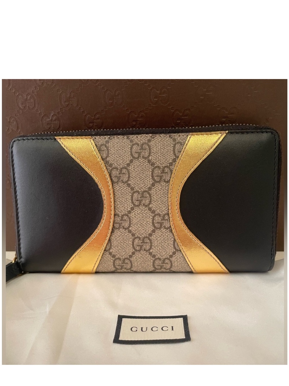 Gucci Monogram Zip Wallet in Black, Gold and Beige - Picture 8 of 14